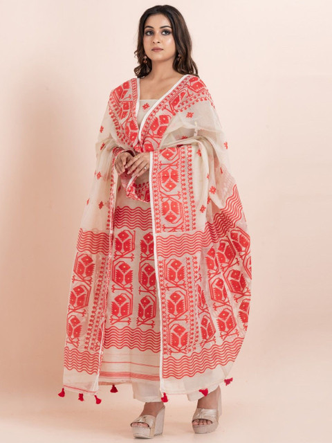 Durga Handlooms Jamdani Woven Design Zari Pure Cotton Unstitched Kurti Material with Dupatta - Image 6