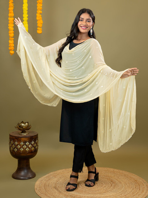 HELLA FASHIONS Floral Printed Mirror Work Chiffon Dupatta