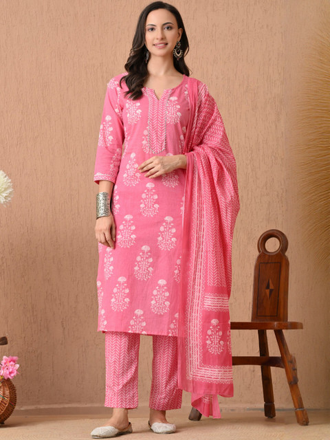 Anouk Rustic Floral Printed Notch Neck Pure Cotton Straight Kurta With Trousers & Dupatta