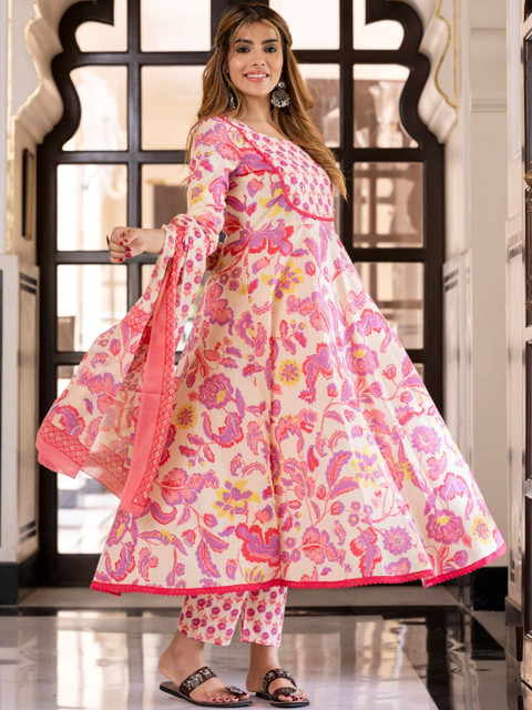 Kalini Women Purple And Cream Pure Cotton Anarkali Kurta Set with Dupatta