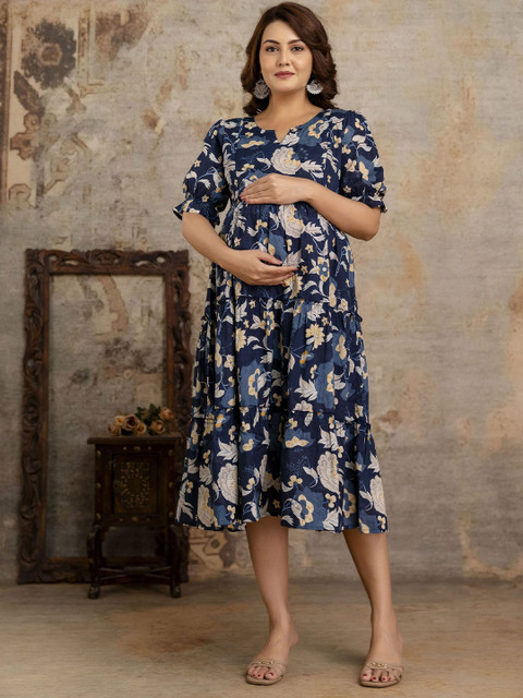 VARICOS Floral Printed Notch Neck Cotton A-Line Maternity Dress