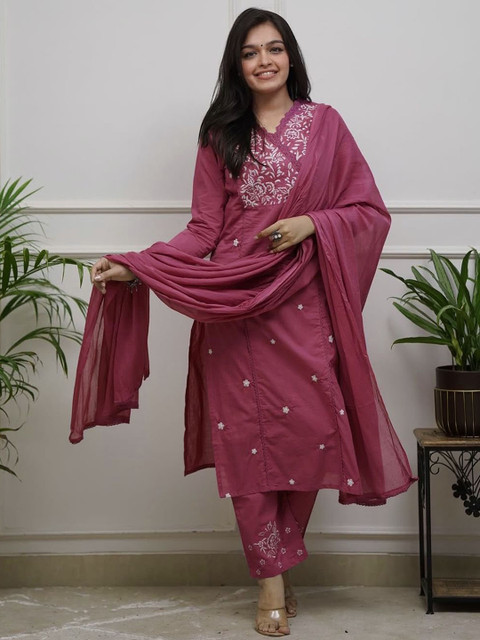 MILAAV Women Ethnic Motifs Embroidered Pure Cotton Kurta with Trousers & Dupatta