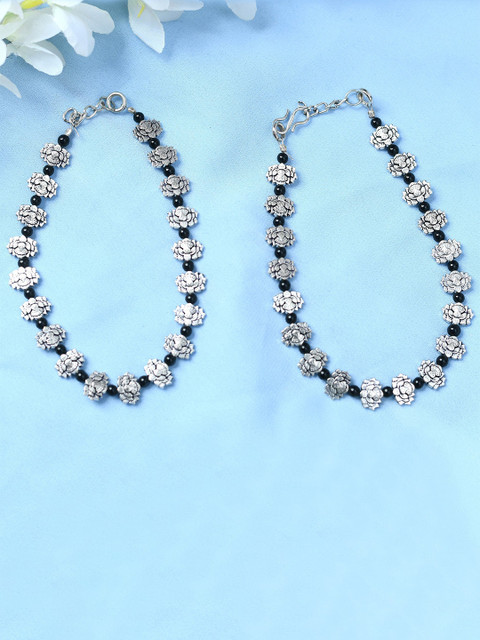 JOHARKAMAL German Silver-Plated Artificial Beaded Oxidised Anklets