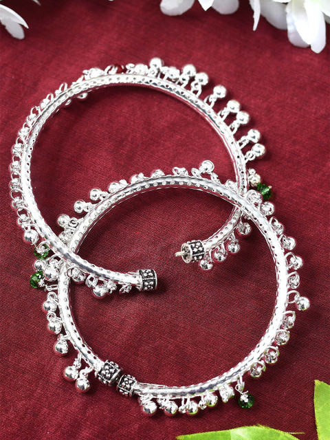 JOHARKAMAL Silver-Plated Artificial Stones Studded & Beaded Oxidised Kadiyam Style Anklets