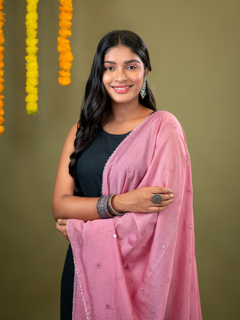 HELLA FASHIONS Floral Printed Mirror Work Chanderi Dupatta