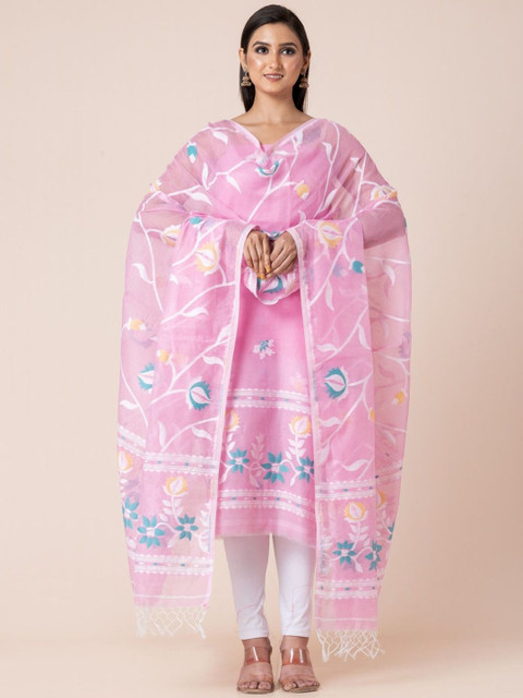 Durga Handlooms Jamdani Woven Design Zari Pure Cotton Unstitched Kurti Material with Dupatta