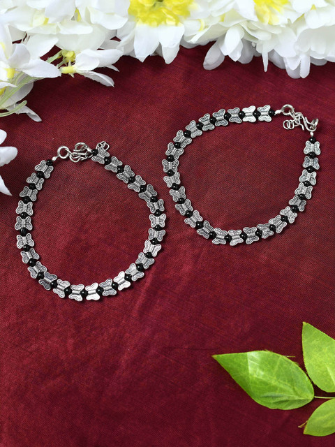 JOHARKAMAL German Silver-Plated Artificial Beaded Oxidised Anklets
