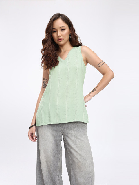 Anouk Rustic V-Neck Woven Design Striped Straight Kurti - Image 3