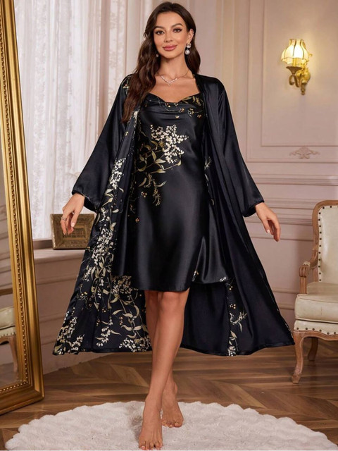 For You For Me Women Black Solid Embellished Kimono Nightdress