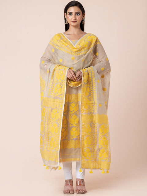 Durga Handlooms Jamdani Woven Design Zari Pure Cotton Unstitched Kurti Material with Dupatta