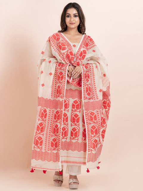 Durga Handlooms Jamdani Woven Design Zari Pure Cotton Unstitched Kurti Material with Dupatta