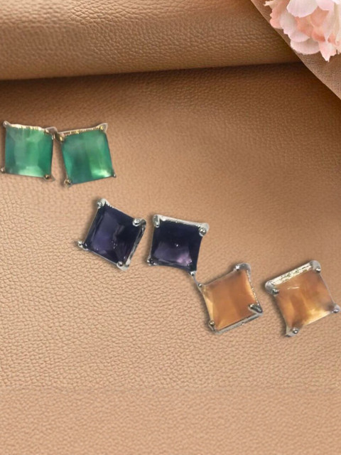 Anouk Set of 3 Colored Stone Studded Square Studs Earrings