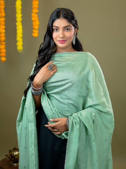 HELLA FASHIONS Floral Printed Mirror Work Chanderi Dupatta