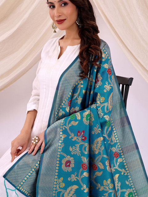 Moda Rapido Women Blue Floral Woven Design Silk Dupatta