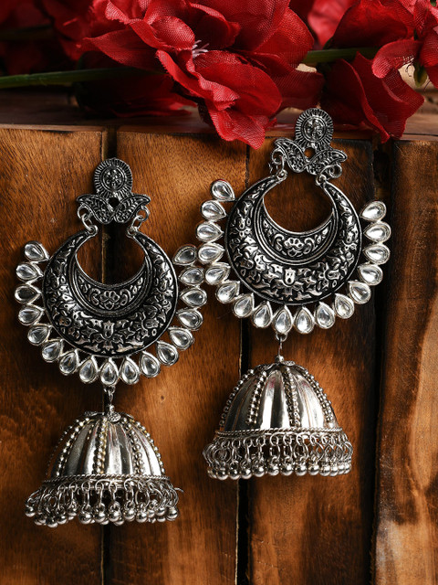 JOHARKAMAL Silver-Plated Kundan Studded Dome Shaped Jhumkas