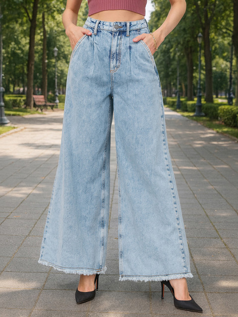 Bewakoof Women Light Blue Washed Flared Korean Pure Cotton Jeans