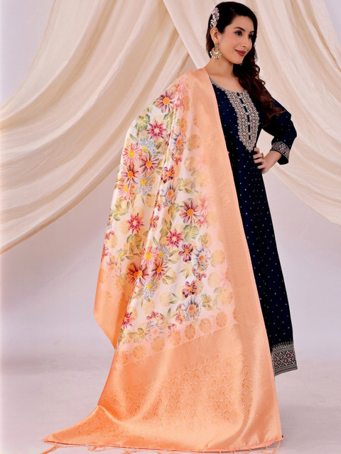 Moda Rapido Women Floral Woven Design Tasselled Silk Dupatta - Image 5