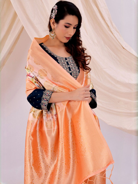 Moda Rapido Women Floral Woven Design Tasselled Silk Dupatta