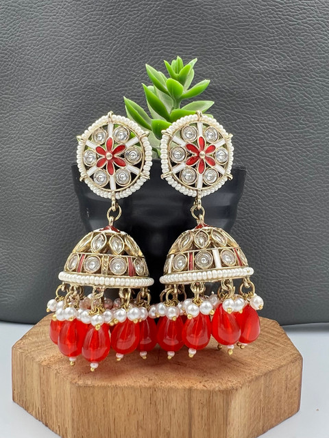 Fashion Theme Women Gold Toned Red & White Kundan Jhumka Earrings