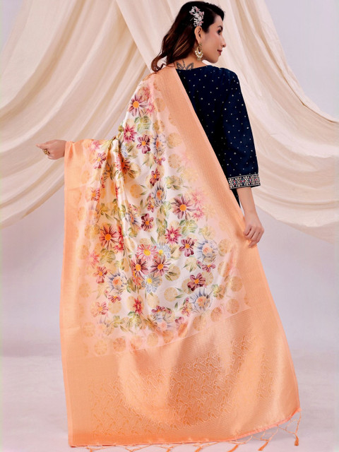 Moda Rapido Women Floral Woven Design Tasselled Silk Dupatta - Image 2