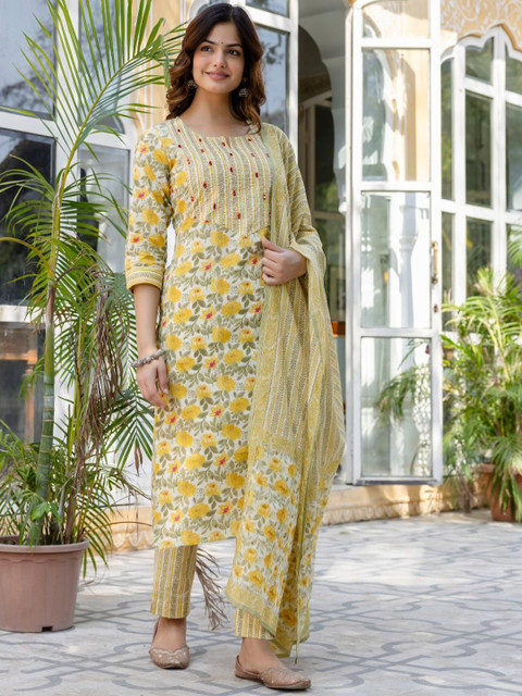 Anouk Rustic Women Floral Printed Pure Cotton Kurta with Trousers & Dupatta - Image 4