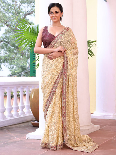 Mitera Ethnic Motifs Embroidered Brasso Saree - Image 4
