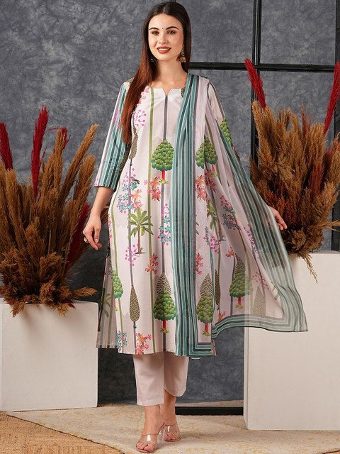 Aaghnya Women's Green Rayon Printed Straight Kurta Set With Dupatta - Image 6