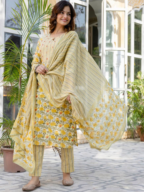 Anouk Rustic Women Floral Printed Pure Cotton Kurta with Trousers & Dupatta - Image 5