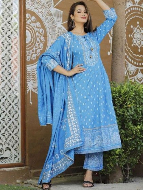 HARITWAL Floral Printed Tie Up Neck Kurta with Trousers & Dupatta