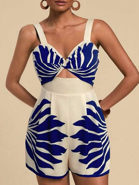 LULU & SKY Printed Shoulder Straps Sleeveless Playsuit Jumpsuit