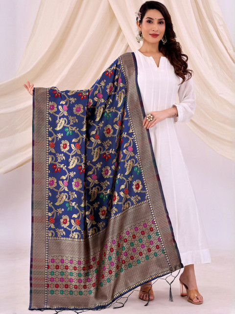 Moda Rapido Women Navy Blue & Golden Floral Printed Woven Design Silk Dupatta With Zari