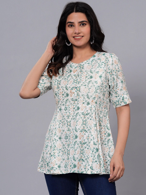 CORSICA Women Off White Floral Printed Round Neck Cotton Maternity Top