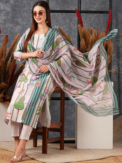 Aaghnya Women's Green Rayon Printed Straight Kurta Set With Dupatta