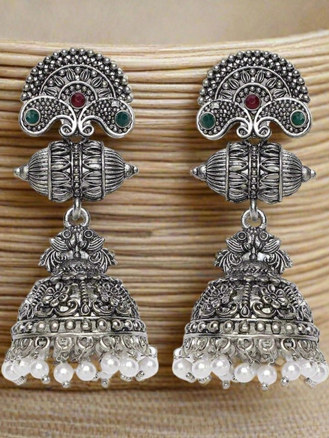 Anouk Women Silver Toned Ruby & Green Oxidised Classic Jhumkas