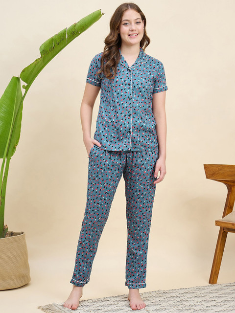 Mast & Harbour Women Printed Lapel Collar Night suit