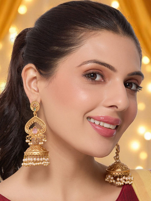OOMPH Artificial Stones Studded And Beaded Dome Shaped Jhumkas