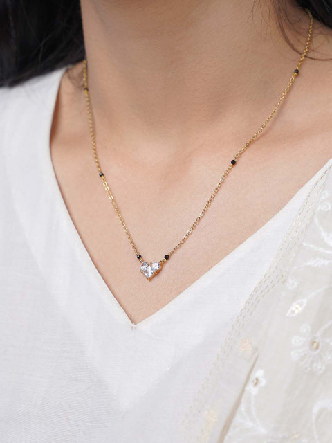 SWASHAA Rivana Gold-Plated Stainless Steel Stone Studded & Beaded Heart Mangalsutra