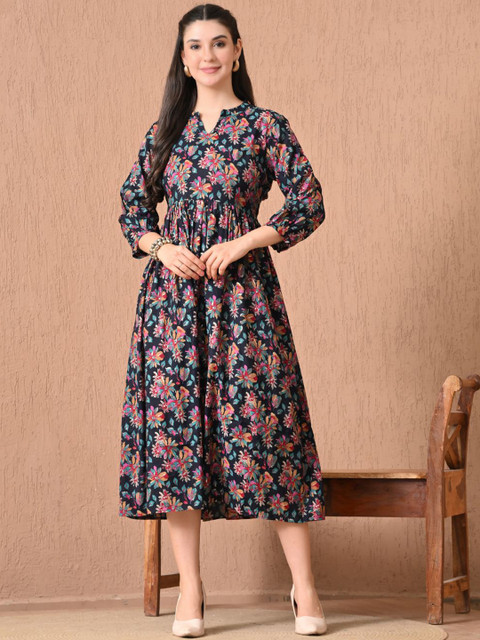 HARIKS Floral Printed Mandarin Collar Silk Dress