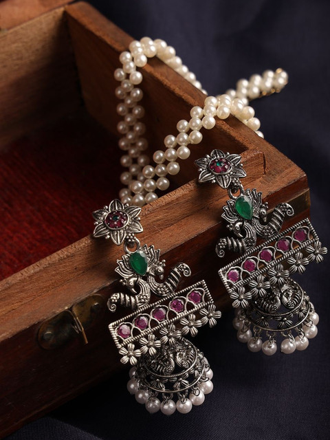 Anouk Women Pink & Green Oxidised Silver-Plated Floral Jhumkas Earrings
