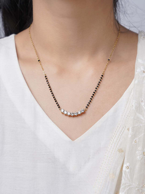 SWASHAA Aarna Gold-Plated Stainless Steel Diamond Stone Studded & Beaded Mangalsutra