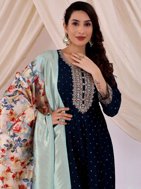 Moda Rapido Women Sky Blue Floral Woven Design Silk Ethnic Dupatta