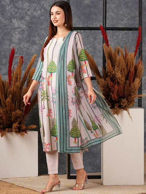 Aaghnya Women's Green Rayon Printed Straight Kurta Set With Dupatta - Image 3