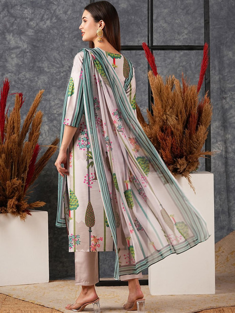 Aaghnya Women's Green Rayon Printed Straight Kurta Set With Dupatta - Image 2