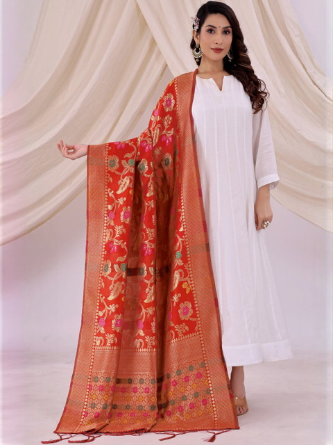 Moda Rapido Women Red & Golden Floral Printed Woven Design Silk Dupatta With Zari
