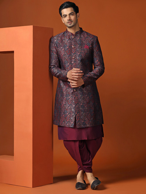 KISAH Men Paisley Woven Design Mandarin Collar Indowestern Sherwani Set