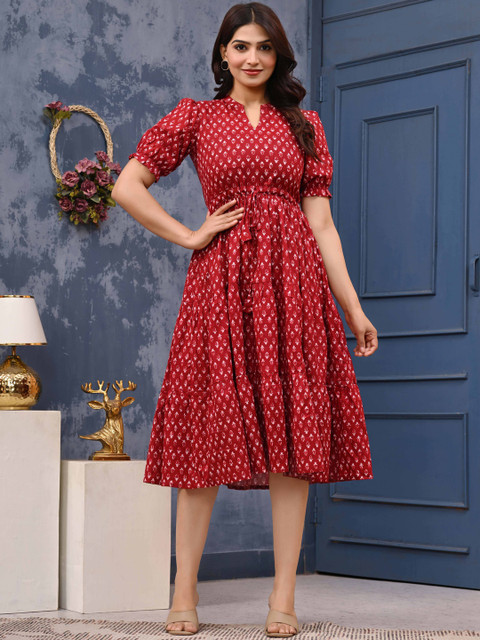 LABEL ADRIJA Women Red Printed Organic Cotton Fit and Flare Dresses - Image 3