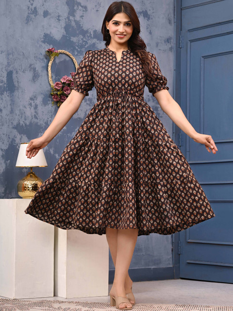 LABEL ADRIJA Women Coffee Brown Printed Organic Cotton Fit and Flare Dresses