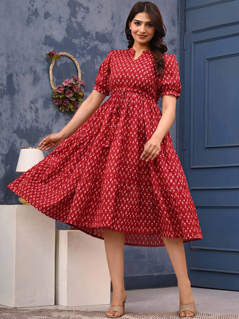 LABEL ADRIJA Women Red Printed Organic Cotton Fit and Flare Dresses - Image 5