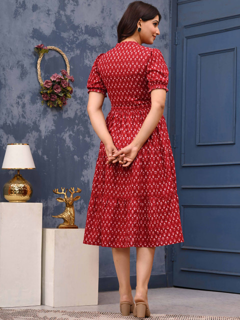 LABEL ADRIJA Women Red Printed Organic Cotton Fit and Flare Dresses - Image 4
