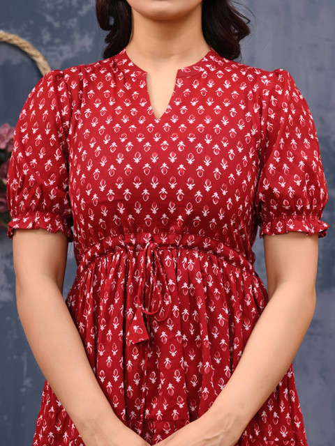 LABEL ADRIJA Women Red Printed Organic Cotton Fit and Flare Dresses - Image 2
